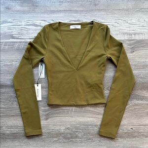 Babaton Olive Long Sleeve V-Neck Top new with tag